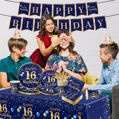 Miniatura 3 de Decoración de cumpleaños número 16 para hombres - Juego de 142 piezas de vajilla azul marino y dorada para cumpleaños (sirve para 20) Incluye