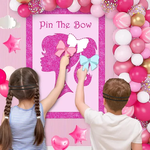 Miniatura 6 de Decoración de suministros de fiesta de niña rosa, linda princesa con lazo en la cabeza, póster grande con 24 calcomanías de lazo para fiestas