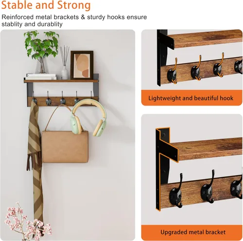 Miniatura 5 de Ganchos de pared con estante, perchero de madera con estante montado en la pared, estantes colgantes de entrada con 5 ganchos de metal para ropa