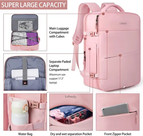 Miniatura 4 de Lubardy Mochila de viaje para laptop 40L, aprobada para vuelos, mochila de mano para hombres y mujeres, Grande, Viajes Rosa