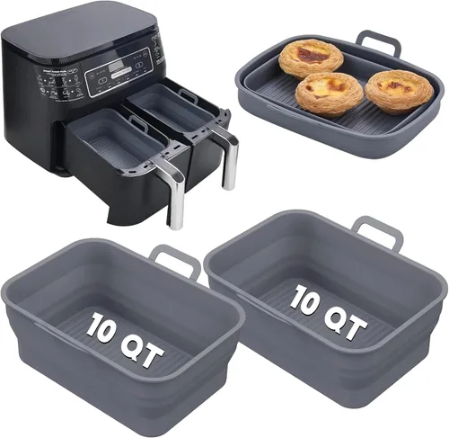Miniatura 10 de Paquete de 2 sartenes plegables de silicona para freidora de aire para NINJA Foodi Dual de 8 y 10 cuartos, olla de cesta rectangular reutilizable