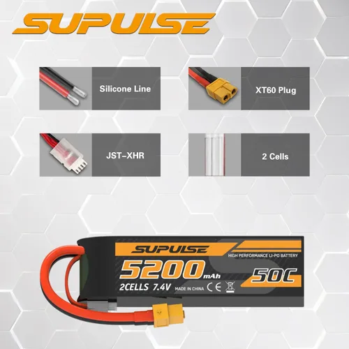 Miniatura 4 de SUPULSE Batería Lipo de 7.4 V 2S 5200mAh 50C RC Batería con enchufe XT60 para avión RC Barco RC Truck RC (2 paquetes)