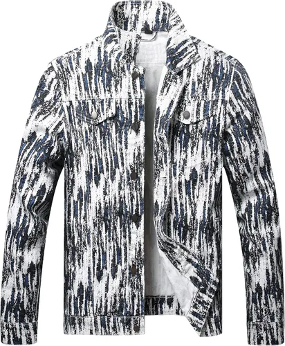 Miniatura 7 de LAMKUKU Chaqueta de mezclilla para hombre rasgada ajustada, abrigo de chaqueta vaquera para hombres