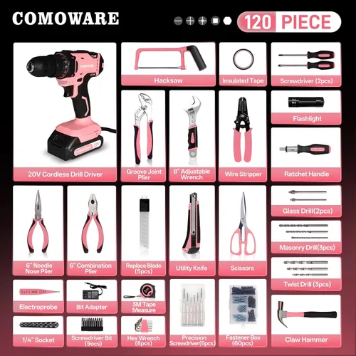 Miniatura 2 de COMOWARE - Juego de herramientas para el hogar rosa con taladro inalámbrico de 20V, juego de 120 piezas de herramientas manuales para mujeres, juego