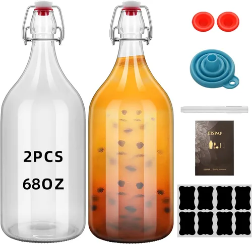 Botella de vidrio abatible de 64 onzas con tapa abatible de 2 litros con tapón para bebidas, aceite, vinagre, kombucha, cerveza, agua, refrescos,