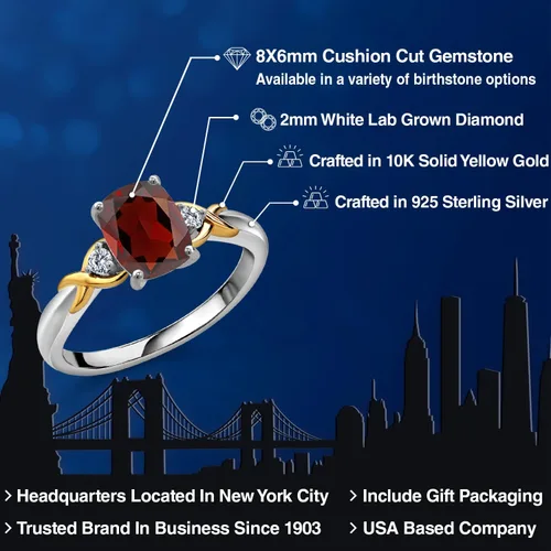 Miniatura 45 de Gem Stone King Anillo de compromiso de 3 piedras preciosas de plata 925 y oro amarillo de 10 quilates de 0.315 x 0.236 in de talla cojín y diamante