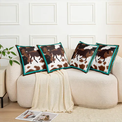 Miniatura 7 de Funda de almohada de caballo, funda de cojín rústica de vaquero occidental para decoración del hogar, sala de estar, reversible, retro, caballo