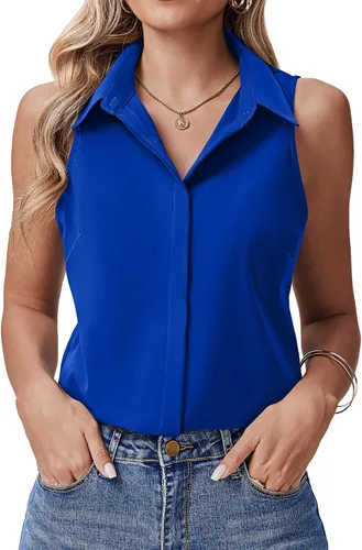 Miniatura 9 de HOTOUCH Camisas sin mangas con botones ocultos para mujer, frente con botones ocultos, cuello, blusas casuales elegantes holgadas para oficina