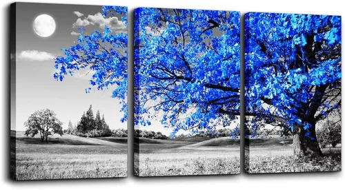 Arte de pared para sala de estar, blanco y negro, árbol azul, luna, lienzo para decoración de pared para el hogar, obra de arte enorme, pintura de