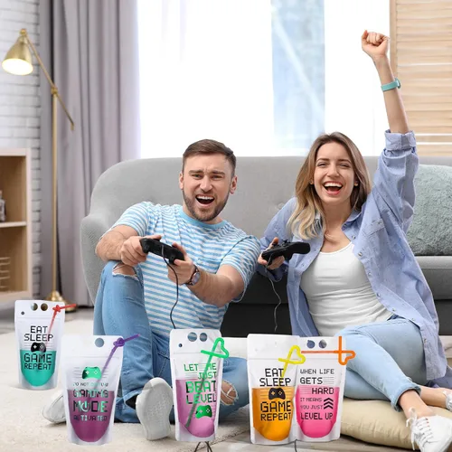 Miniatura 7 de 24 bolsas de plástico transparente para bebidas con pajitas, bolsas reutilizables para decoración de cumpleaños, videojuegos, fiestas, regalos