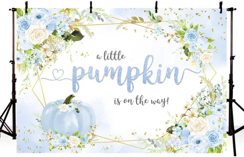 Miniatura 2 de MEHOFOND Telón de fondo de calabaza de otoño de 7 x 5 pies para niño, baby shower, decoración de fiesta de bebé azul floral para bebé, niño