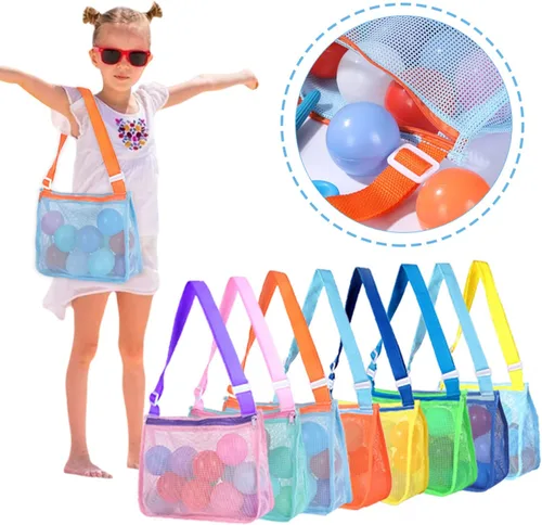 Miniatura 4 de UTTPLL Bolsa de playa de malla colorida ajustable para niños, bolsa de red de secado rápido para conchas marinas que recolecta arena juguete Rosa