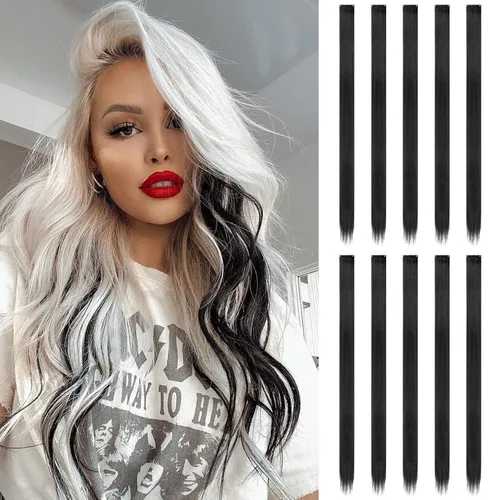 Miniatura 13 de FESHFEN Extensiones de cabello con clip de colores, 16 piezas de 8 colores resaltados, piezas de cabello sintético lacio con clip para mujer, 22