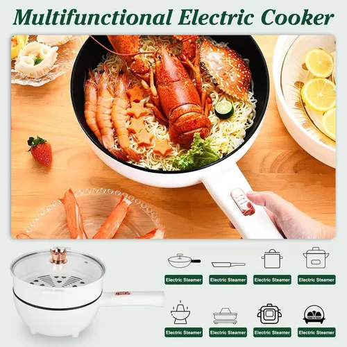 Miniatura 7 de Olla eléctrica con vaporizador, sartén antiadherente de 3 L, olla rápida de fideos con espátula, mini olla para carne, huevo, ramen, cocina