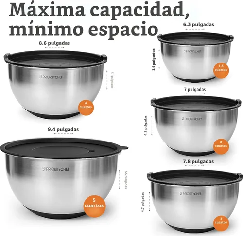 Miniatura 3 de Priority Chef Juego de tazones para mezclar de acero inoxidable con tapas, 3 accesorios para rallar, tapas herméticas, base de silicona