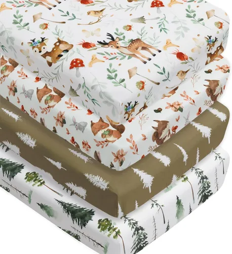 Miniatura 12 de Juego de 4 sábanas ajustadas para cuna con diseño de animales del bosque, neutras en madera, unisex, para bebés niños o niñas