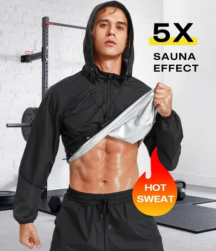Miniatura 2 de Junlan - Chaqueta de sauna para hombre, chaqueta de sudor con cremallera, sudadera para entrenamiento, traje de sauna