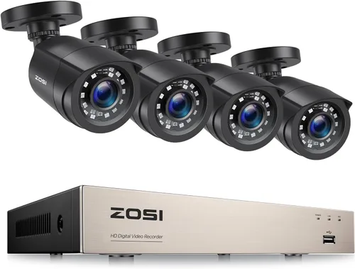 ZOSI H.265+ Sistema de cámara de seguridad para el hogar para interiores y exteriores, 8 canales 5MP-Lite CCTV DVR grabadora y 4 cámaras de