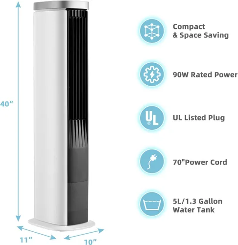 Miniatura 9 de COSTWAY Enfriador de aire evaporativo, enfriador de torre sin aspas de 40 pulgadas con control remoto, 4 paquetes de hielo, 4 velocidades