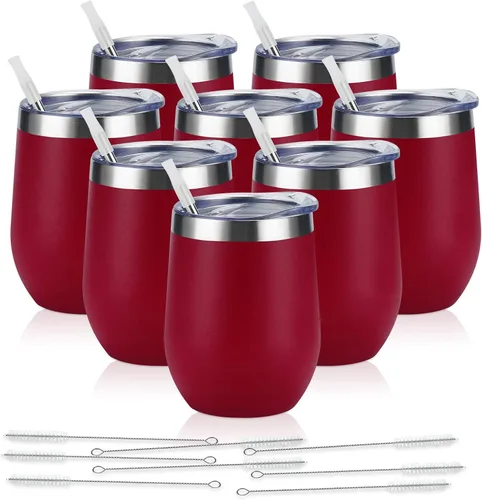 Miniatura 32 de Paquete de 12 vasos de vino de acero inoxidable, 12 onzas, doble pared, aislados al vacío, con tapas y pajitas, copas de vino sin tallo de acero Oro