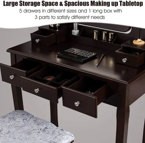 Miniatura 4 de DORTALA Juego de mesa de tocador con espejo rectangular de 360 grados y taburete acolchado, mesa de maquillaje con 10 bombillas LED regulables