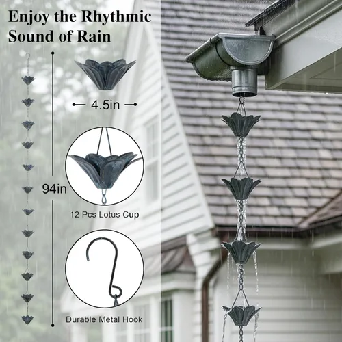 Miniatura 3 de Topadorn Cadena de lluvia decorativa de 8.5 pies, cadena colector de lluvia de 102 pulgadas para aleros de casa, jardín y hogar, diseño de copas