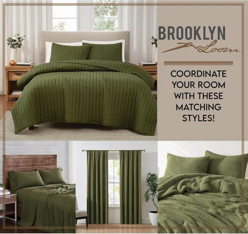 Miniatura 6 de Brooklyn Loom Juego de edredón de lino verde oliva, 3 piezas, tamaño matrimonial/queen, con temática de color liso, para hombres y mujeres