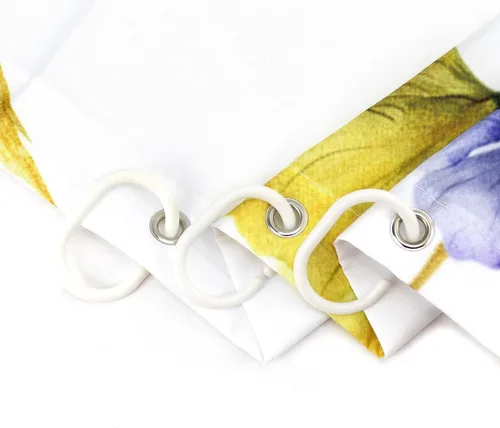 Miniatura 7 de HVEST Cortina de ducha floral azul y amarillo con ganchos, flores de primavera y mariposa sobre blanco, cortinas de ducha para decoración de baño