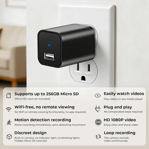 Miniatura 4 de Cargador USB 1080P HD Mini cámara de seguridad con visión nocturna, detección de movimiento, vigilancia inalámbrica en el hogar para mascotas