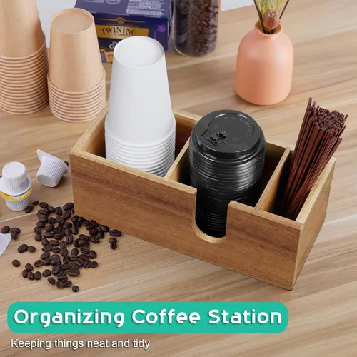 Miniatura 2 de Organizador de tazas de café de madera de acacia ALELION para mostrador - Accesorios y organizador de barra de café de madera - Organizador