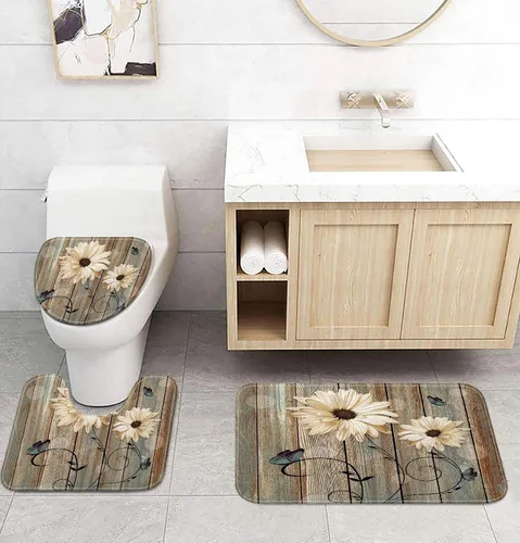 Miniatura 14 de Alfombra de baño rústica blanca floral, flores y mariposas en tabla de madera vieja, antideslizante, juego de alfombras de baño vintage