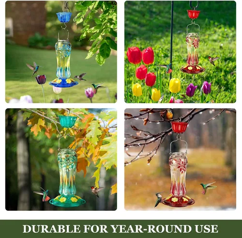 Miniatura 8 de Kingsyard Comedero para colibríes para colgar al aire libre, 25 onzas, alimentador de néctar de vidrio para colibríes con foso de hormigas y 6
