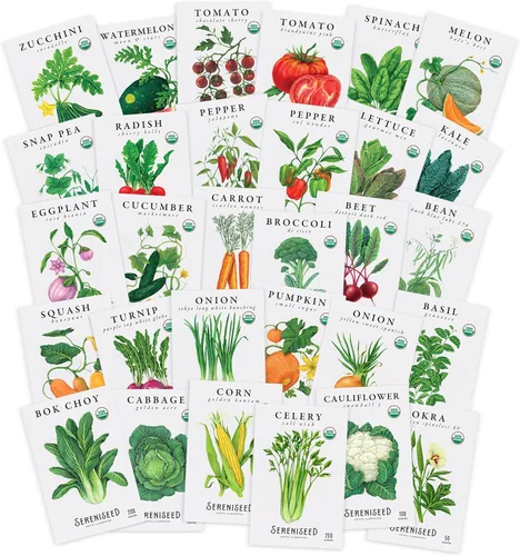 Miniatura 10 de Sereniseed Semillas vegetales orgánicas certificadas (paquete de 20) – sin OMG, polinizadas abiertas – Albahaca, guisante a presión, brócoli