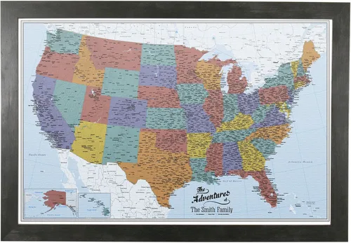 Miniatura 58 de Push Pin Travel Maps Lienzo personalizado Blue Oceans USA con marco gris de madera de granero