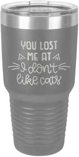 Miniatura 11 de Taza de viaje de acero inoxidable grabada con pajita y tapa superior deslizante, con texto en inglés "You LOST ME AT I DON'T LIKE CATS" Púrpura claro