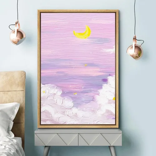 Miniatura 3 de SIGNFORD Lienzo enmarcado para pared, acuarela pastel, morado, luna, cielo, naturaleza, ilustraciones de área silvestre, arte moderno, vibrante