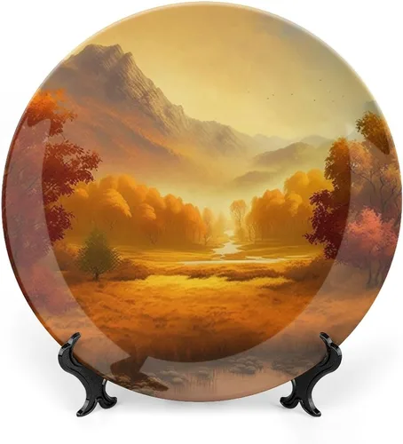 Platos decorativos de otoño para colgar en la pared, pintura de montaña y río, bosque otoñal, placa de cerámica con soporte de exhibición,