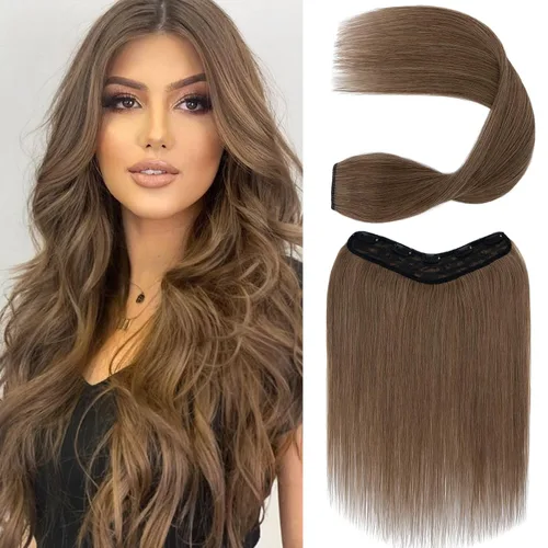 S-noilite Extensiones de cabello humano con clip de una pieza, 5 clips, 3/4 de cabeza completa, parte en V, trama de cabello más grueso, red de