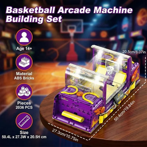 Miniatura 7 de Juego de bloques de construcción de máquina de pinball para adultos, juego de mesa motorizado de baloncesto con luces y música, juguetes STEM ideas