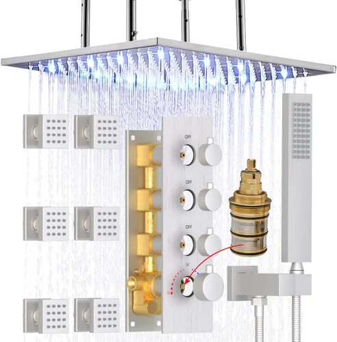 Miniatura 16 de HOMEDEC Sistema de ducha de lluvia LED de 16 pulgadas, válvula desviadora termostática de 3 vías con 6 pulverizadores corporales, todas las Negro