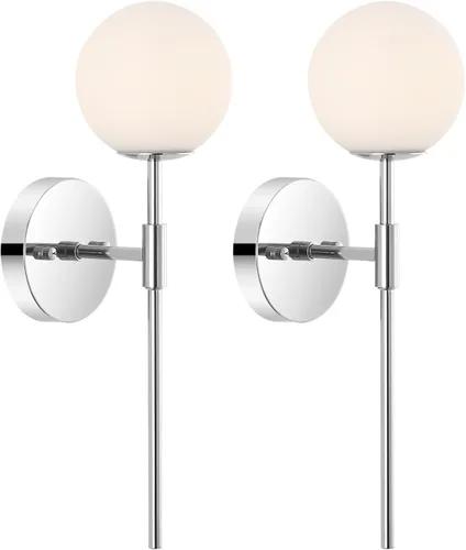 Miniatura 11 de BYOLIIMA Juego de 2 apliques de pared dorados con pantallas de globo de vidrio blanco, lámpara de pared moderna de mediados de siglo para tocador