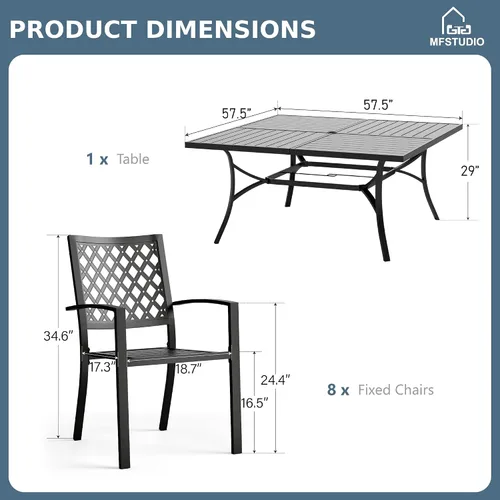 Miniatura 8 de MFSTUDIO Juego de comedor al aire libre para 8, juego de mesa y sillas de metal para patio, juego de muebles de patio de 9 piezas, juego de comedor