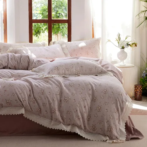 Miniatura 44 de Juego de funda de edredón blanca con estampado floral azul, juego de ropa de cama de algodón suave estilo bohemio, juego de ropa de cama estética