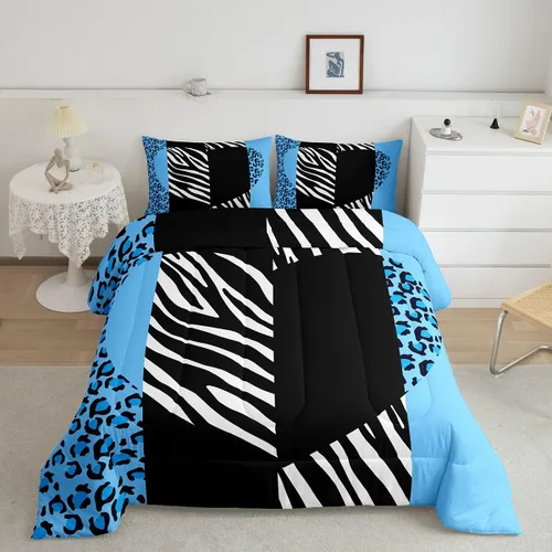Manfei Juego de edredón de leopardo azul, tamaño individual, juego de ropa de cama con estampado de corazón romántico de 2 piezas para niños y Multi