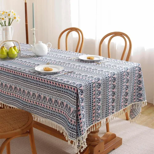 Miniatura 4 de Mantel bohemio de lino de algodón boheniano con borlas para mesas rectangulares, arpillera a rayas, cubierta de mesa de granja resistente a