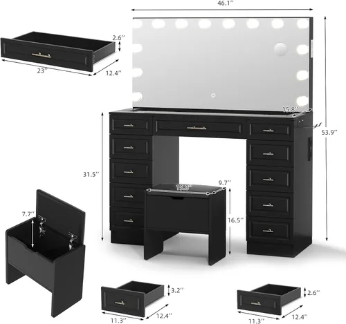 Miniatura 2 de VOWNER Tocador con espejo iluminado, escritorio de maquillaje con parte superior de cristal con altavoz Bluetooth, 14 luces y 11 cajones, 3 modos