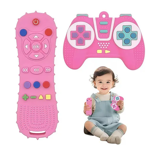 Miniatura 2 de AALFA Juguetes de Dentición para Bebé, Conjunto de Mordedores de Silicona Suave en Forma de Control Remoto de TV + Máquina de Juegos, Juguetes Rosa