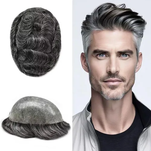 Miniatura 78 de Peluca completa de poliuretano para hombre, sistemas de reemplazo de cabello humano, piel fina y duradera, para hombre, prótesis de cabello