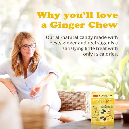 Miniatura 3 de Pocas Lemon Ginger Chews - Masticables de jengibre dulce y picante, bocadillos bajos en calorías envueltos individualmente, caramelo de jengibre