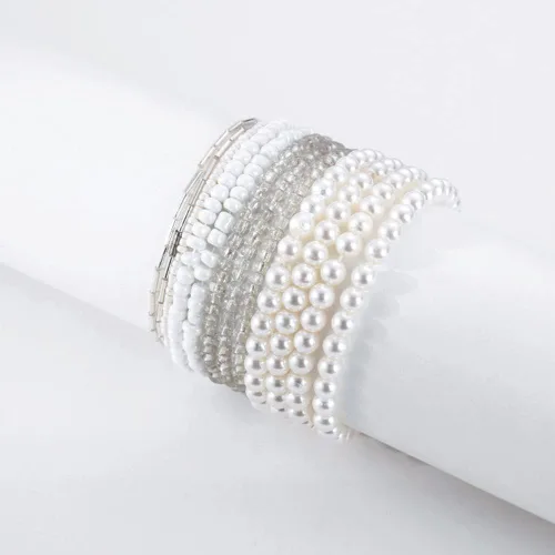 Miniatura 2 de Caiyao Juego de pulseras elásticas de perlas de imitación para mujer, multicapa con cuentas bohemias de semillas de arroz, hilo de perlas apilable